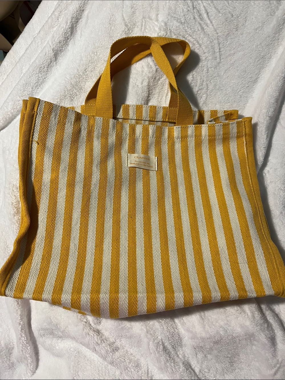 Clarins Yellow and Cream Striped Canvas Tote